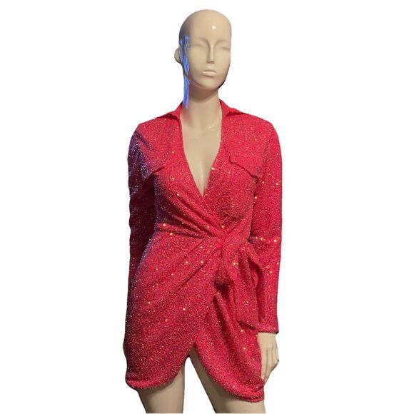 Judith March Hot Pink Sequin Wrap Mini Dress Long Sleeve Holiday Party Small - Picture 1 of 16